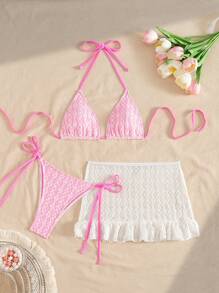 SHEIN Swim 3 pièces/Set Top de bikini style licou pour femmes, sous-vêtements de bain à nouer sur les côtés, et jupe paréo à volants en maille pour ensemble de maillot de bain pour vacances et plage