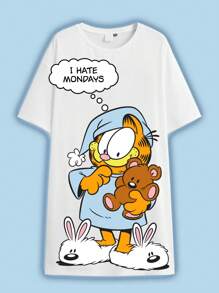 GARFIELD | SHEIN Plus Size Crew Neck Cartoon & Letter Print Short Sleeve Nightgown, Moo Moo Night Dress - White - View 3