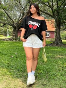 SHEIN EZwear Plus Size Women's Loose Cherry Fruit Print Off Shoulder Short Sleeve Casual T-Shirt