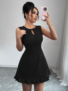 Elenzga New Women Round Neck Bowknot Design Half-Open Sleeveless Fitted Hem Splice Contrast Color Pleated Elegant Versatile Commuting Dating Party Refined Mini Dress - Black - View 3