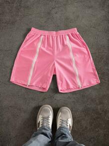PAVTROS Manfinity Streetrush Men's Elastic Waist Zipper Placket Loose Casual Shorts, Pink Shorts Men, Pink Men Shorts - Pink - View 1
