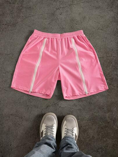 PAVTROS Manfinity Streetrush Men's Elastic Waist Zipper Placket Loose Casual Shorts, Pink Shorts Men, Pink Men Shorts