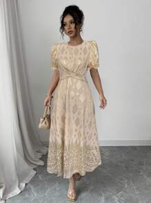 Elenzga 女式 2025 新款修身款金箔花卉印花泡泡袖中长连衣裙 - 杏色 - 查看 5