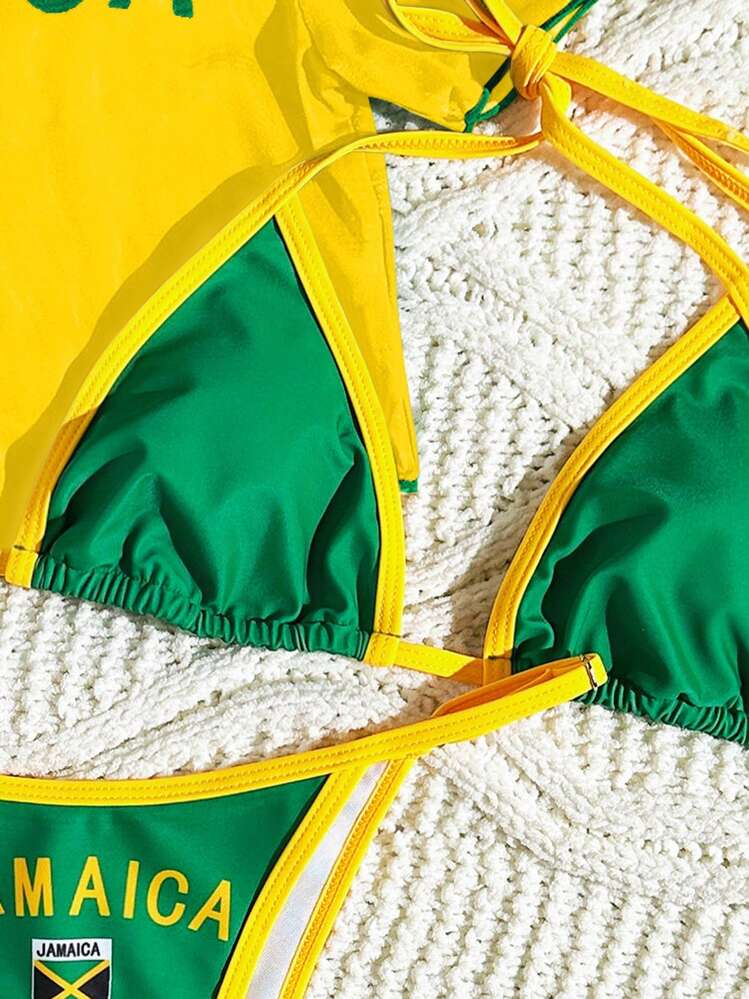 Swim Vcay 3 pièces/Set Bikini de Printemps Pour Femmes, Top à Bretelles Multicolore et Bas Tanga avec Crop Top à Col Rond Manches Courtes, Maillot de Bain Casual Sport, Style Boho Festival - Multicolore - Voir 4