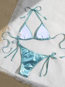 Swim Vcay Solid Color Neck Tie Split Bikini Swimsuit, Summer - Blue - View 3