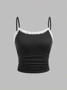 Girlism 2pcs/Set Teen Girls' Casual Plain Color Spaghetti Strap Top And Shorts Suit, Summer Spring & Summer, Valentine's Day, "Clean Girl" Style, Black