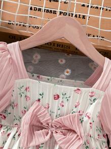 SHEIN Vestido de niña con mangas abullonadas, decoración de lazo, bloque de color y estampado floral ditsy - Estilo campestre encantador, apropiado para uso diario y de vacaciones