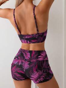 SHEIN Swim Women's Summer Beach Tropical Plant Print Tie-Front Sexy Bikini Swimsuit - Multicolor - View 2
