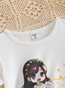 2Pcs/Set Young Girls Cartoon Print Round Neck Short Sleeve T-Shirt Paired With Elastic Waist Rose Floral Flare Pants,Casual Sports Outfit For Summer - Yellow - View 4