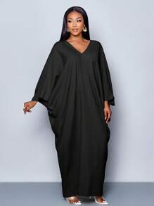 SOLERSUN Women's Plus Size Spring/Summer Elegant Vacation Solid Color V Neck Batwing Split Hem Long Dress - Black - View 7