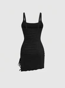 Sweetra Y2K Sexy Asymmetrical Hem Drawstring Casual Dress - Black - View 2