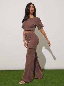 Denimoi Textured Knit Cargo Straight Leg Casual Everyday Wear Pull On Pants - Brown - View 5