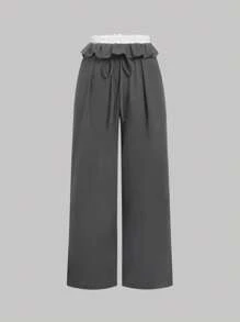SHEIN MOD Plus Size Gray Drawstring Ruffled Lace Patchwork Waist Loose Pants,Summer Outfits For Women , Office Outfits For Women