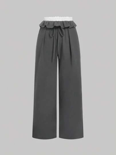 SHEIN MOD 大码灰色抽绳荷叶边蕾丝拼布腰宽松裤