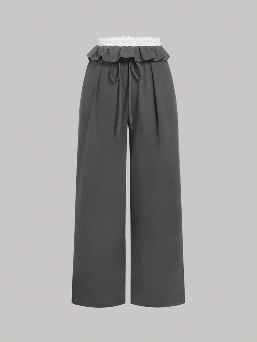 SHEIN MOD Plus Size Gray Drawstring Ruffled Lace Patchwork Waist Loose Pants,Summer Outfits For Women , Office Outfits For Women