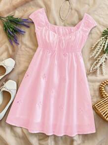 SHEIN Unity Square Neck Tie Front Hollow Out Embroidered Floral Mini Dress, Vacation Style - Pink - View 5