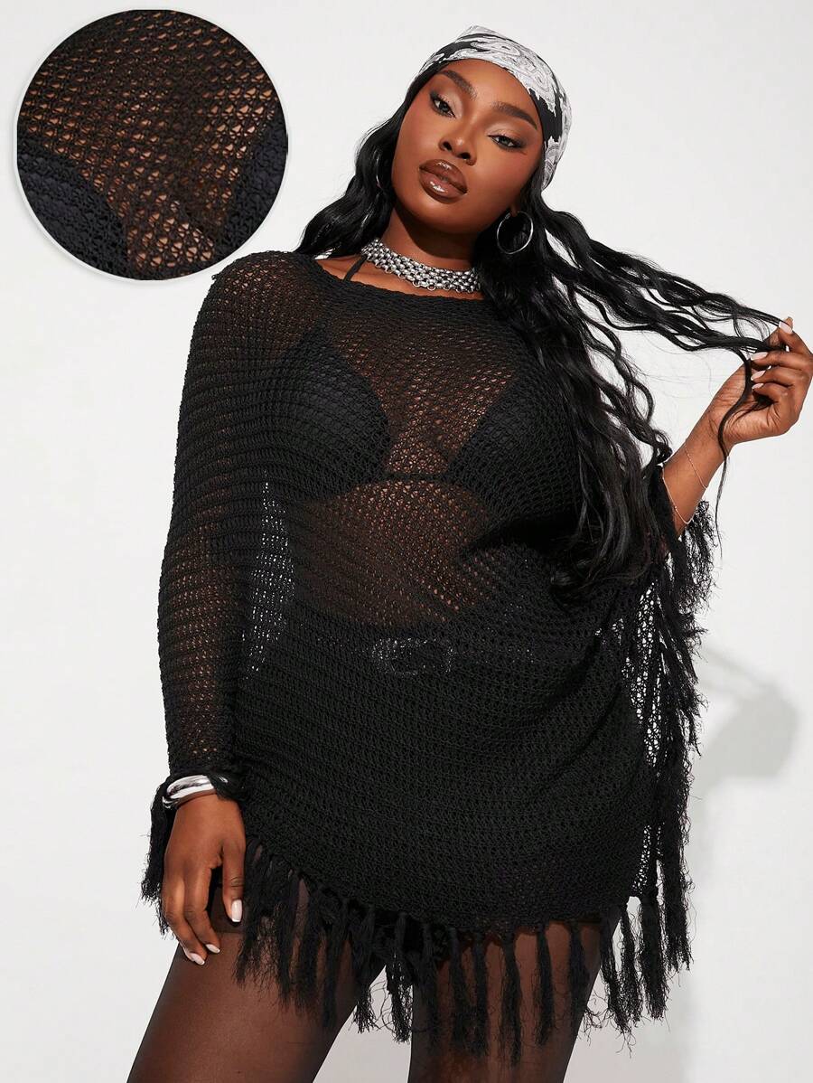 SHEIN SXY Plus Size Women 2025 Spring Summer New Fashion Openwork Crochet Fringe Poncho Blouse, Suitable For Beach Vacation, Date Night, Birthday, Bachelorette Party, Cute, Casual, Shopping, Streetwear, Going Out, Easy To Match & Looks Slim, Accent Your Body, Flatter The Figure - Black - View 1