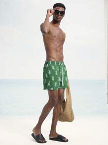 Surfspeed Men's Pineapple Print Drawstring Waist Beach Shorts, Summer - Army Green - View 3