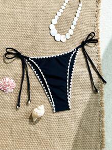 SHEIN Swim 1pc Women Solid Color Floral Trim Beaded Detail Bottom Bikini Swimwear, Leisure Comfortable Beach Vacation Swimsuit For Summer - Black - View 1