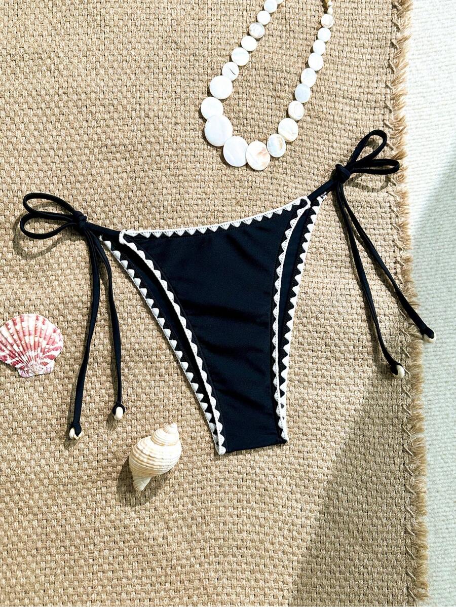 SHEIN Swim 1pc Women Solid Color Floral Trim Beaded Detail Bottom Bikini Swimwear, Leisure Comfortable Beach Vacation Swimsuit For Summer - Black - View 1