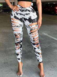 SHEIN SXY Plus Size Women's Fashion Street Style Sexy Ripped Tie-Dye Print Tight Leggings, Suitable For Sports, Yoga, Everyday Wear, Western Wear, Cruise Attire, Music Festival, Concert, Carnival Party, Beach Vacation, Date Night, Birthday, Bachelorette Party, Club, Cute, Casual, Shopping, Streetwear, Going Out, Easy To Match & Looks Slim, Accentuates The Body, Flatters The Figure Camo Cow Print