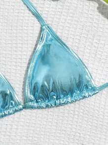 Swim Vcay Solid Color Neck Tie Split Bikini Swimsuit, Summer - Blue - View 5
