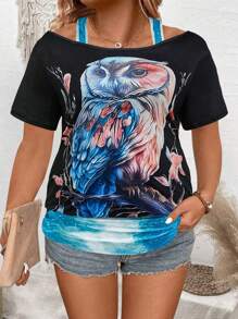 SHEIN LUNE Plus Size American Retro Casual Owl Pattern 2 In 1 T-Shirt - Multicolor - View 1