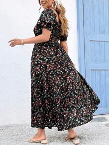 SHEIN Holidaya Đầm mùa hè tay bèo nhún cổ vuông họa tiết hoa cỡ lớn cho nữ - Nhiều màu - Xem 2
