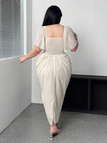 Vibekara 大码女式春夏心形领口荷叶边袖短袖上衣和刺绣纹理雪纺连衣裙，优雅休闲派对装