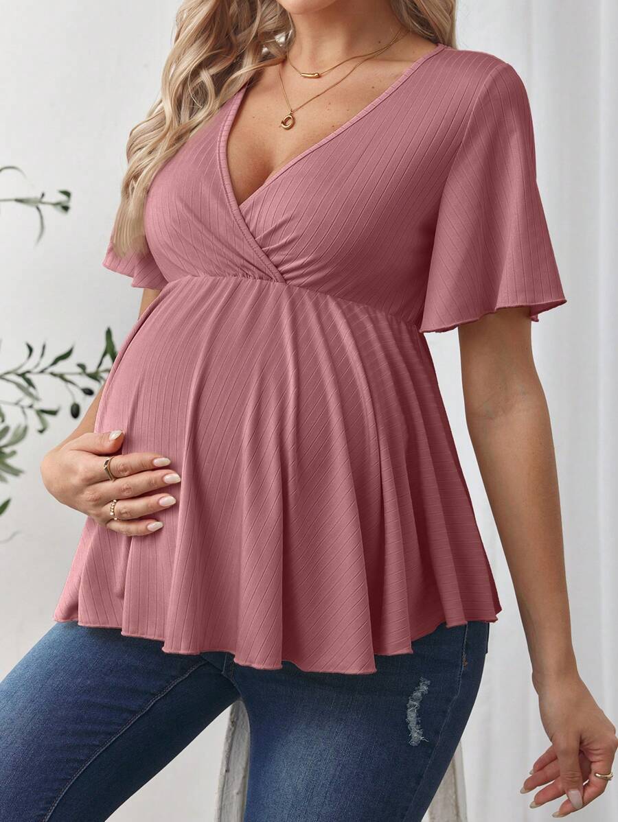 SHEIN Maternity Simple Elegant Solid Color Ruffle Hem Short Sleeve T-Shirt - Dusty Pink - View 1