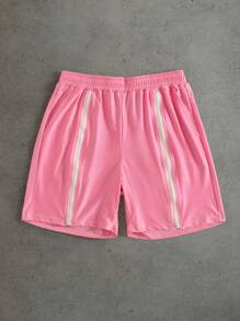 PAVTROS Manfinity Streetrush Men's Elastic Waist Zipper Placket Loose Casual Shorts, Pink Shorts Men, Pink Men Shorts - Pink - View 6