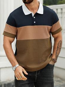 Manfinity Homme Plus Size Men's Casual Contrast Color Button Half-Placket Short Sleeve Polo Shirt, Summer - Multicolor - View 6