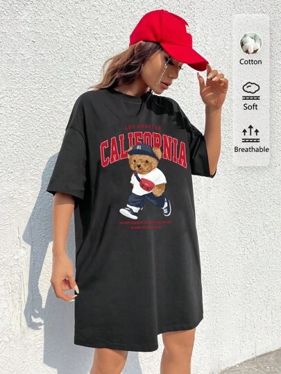 SHEIN EZwear Đầm thun nữ cổ tròn tay ngắn họa tiết gấu dễ thương phong cách California dễ thương, mùa hè, vui nhộn