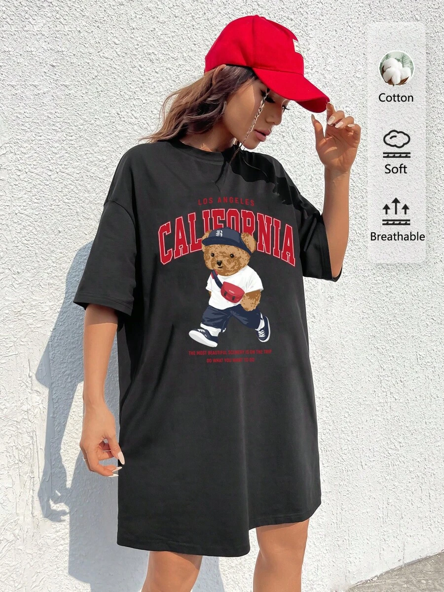 SHEIN EZwear 休闲宽松复古加州可爱熊图案圆领短袖短款女式T恤连衣裙，夏季，趣味 - 黑色 - 查看 1