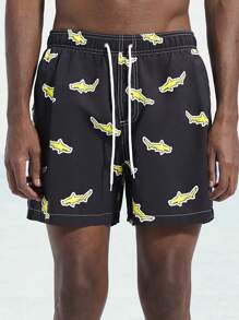 Surfspeed Men's Shark Print Drawstring Waist Beach Shorts - Black - View 7