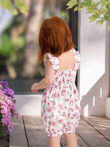 SHEIN Baby Girl Casual Romper With Ruffles And Bow Decor, Comfortable & Simple - Pink - View 2