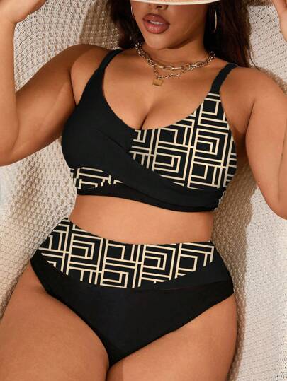 Swim Lushoire Plus Size 2pcs Solid Color & Geometric Random Print Patchwork Adjustable Strap Design Paired With High Waist Splice Swimsuit, Sexy & Elegant Beach Holiday Ladies Swimwear Set For Summer Beach Vacation