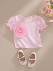 SHEIN Baby Girls' Simple Round Neck Solid Color T-Shirt With Organza Floral Decor, Short Puff Sleeve, Casual Vacation Tops For Summer - Pink - View 4