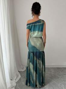 Elenzga 优雅褶饰腰部露肩领女式连衣裙 - 彩色 - 查看 2