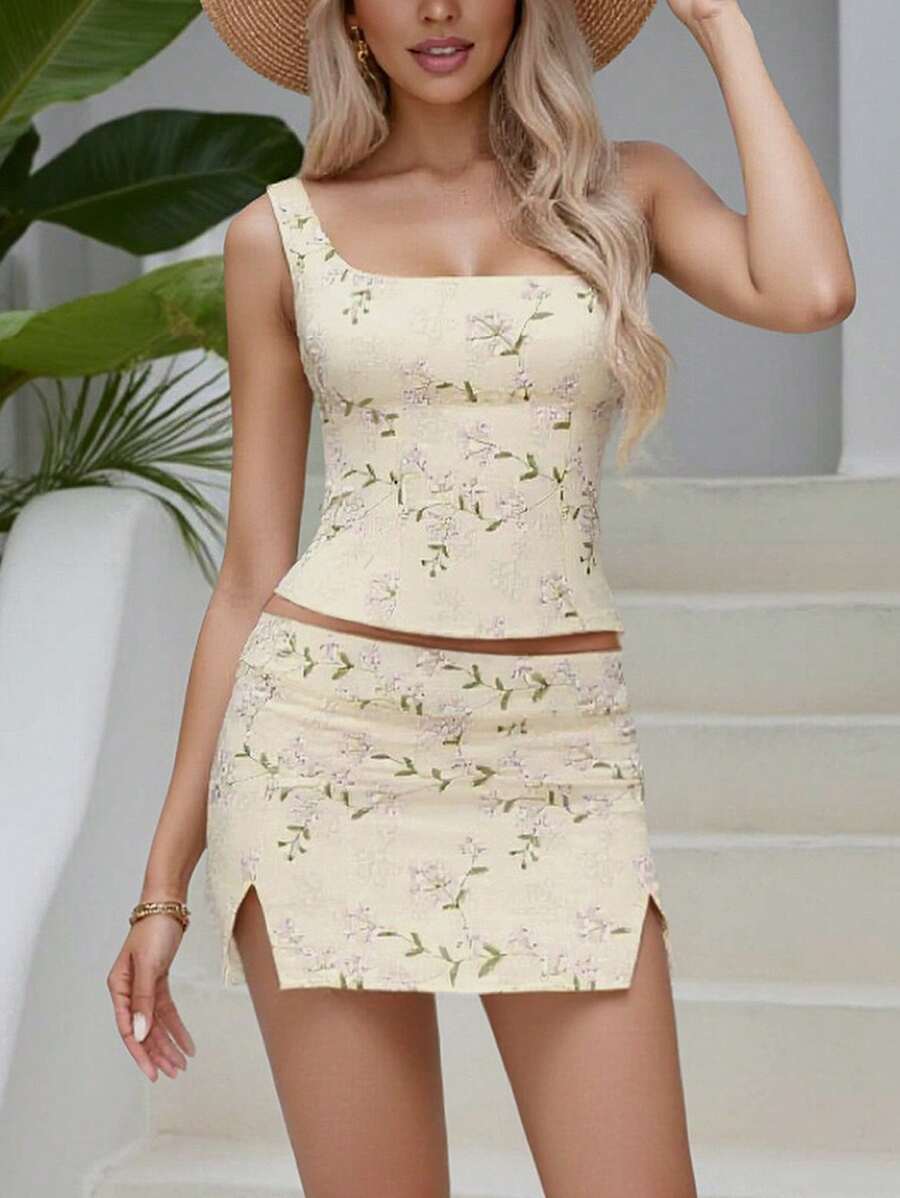 INAWLY Sweet And Fresh Fitted Camisole And Mini Skirt With Slit Set ...