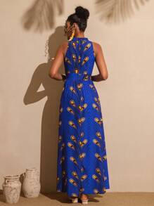 Vesra Women's Elegant All Over Print Halter Neck Split Hem Casual Mini Dress For Summer Commuting - Blue - View 2