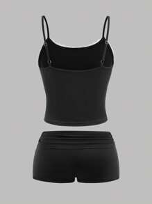 Girlism 2pcs/Set Teen Girls' Casual Plain Color Spaghetti Strap Top And Shorts Suit, Summer Spring & Summer, Valentine's Day, "Clean Girl" Style, Black