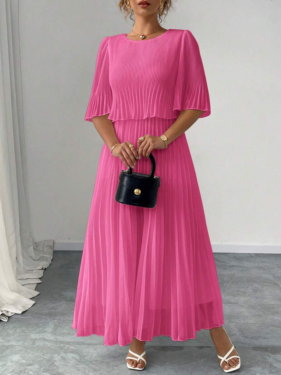 Elenzga Vestido elegante y encantador de gasa plisado de unicolor talla grande, primavera/verano - Rosa Fucsia - Ver 1