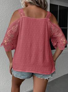 SHEIN Clasi 大码女式撞色蕾丝露肩宽松优雅衬衫