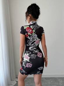 Chiquease 新款中式短款旗袍连衣裙，性感修身复古青蛙纽扣镂空设计 - 黑色 - 查看 2