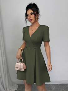 Elenzga Váy ngắn tay chữ X cổ chữ V thanh lịch màu trơn kiểu Pháp cho nữ, trang trí, dáng chữ A lớn, tay ngắn hình chữ X, dành cho mùa xuân và mùa hè - xanh quân đội - Xem 3