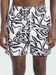 Surfspeed Men's Summer Casual All-Over Print Drawstring Waist Beach Shorts - Black - View 3