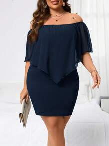 Reflora Đầm trễ vai xếp nếp màu trơn cỡ lớn thanh lịch cho nữ - Màu xanh hải quân - Xem 5