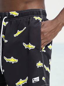 Surfspeed Men's Shark Print Drawstring Waist Beach Shorts - Black - View 4
