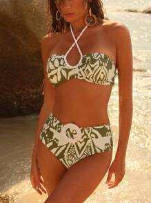 Anewsta Spring/Summer Fashion Elegant Steel Underwire Padded Floral & Gradient Leaf Print Large Flare Mermaid 3-Piece Bikini Swimsuit Set - Multicolor - View 2